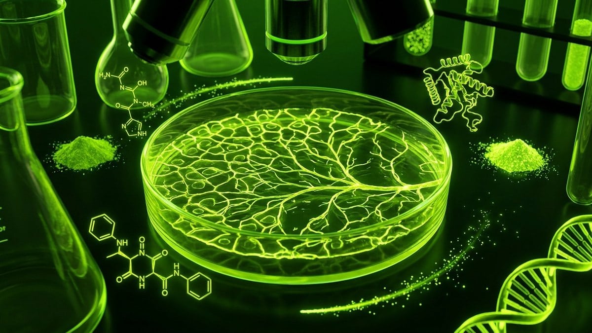 Microscopic view of branching capillary networks growing across a damaged cellular barrier in a culture plate.
