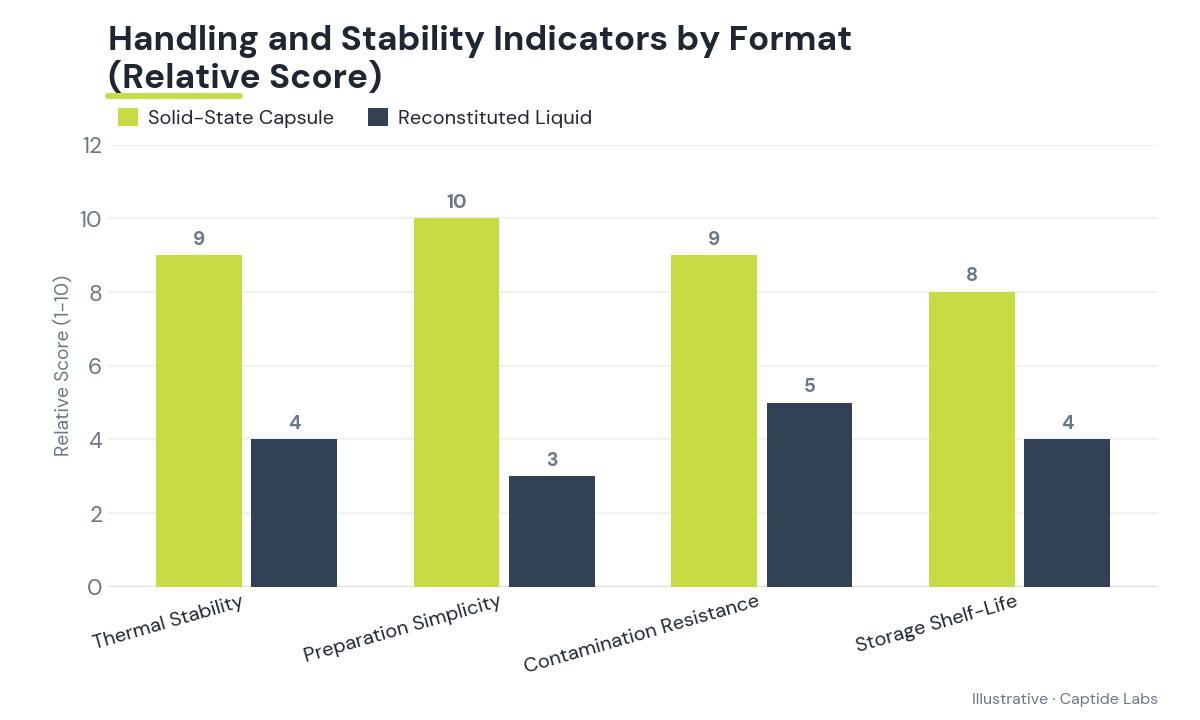 Grouped bar chart showing illustrative scores from 1 to 10 for capsule format and reconstituted liquid across four laboratory parameters: Thermal Stability, Preparation Simplicity, Contamination Resistance, and Storage Shelf-Life.
