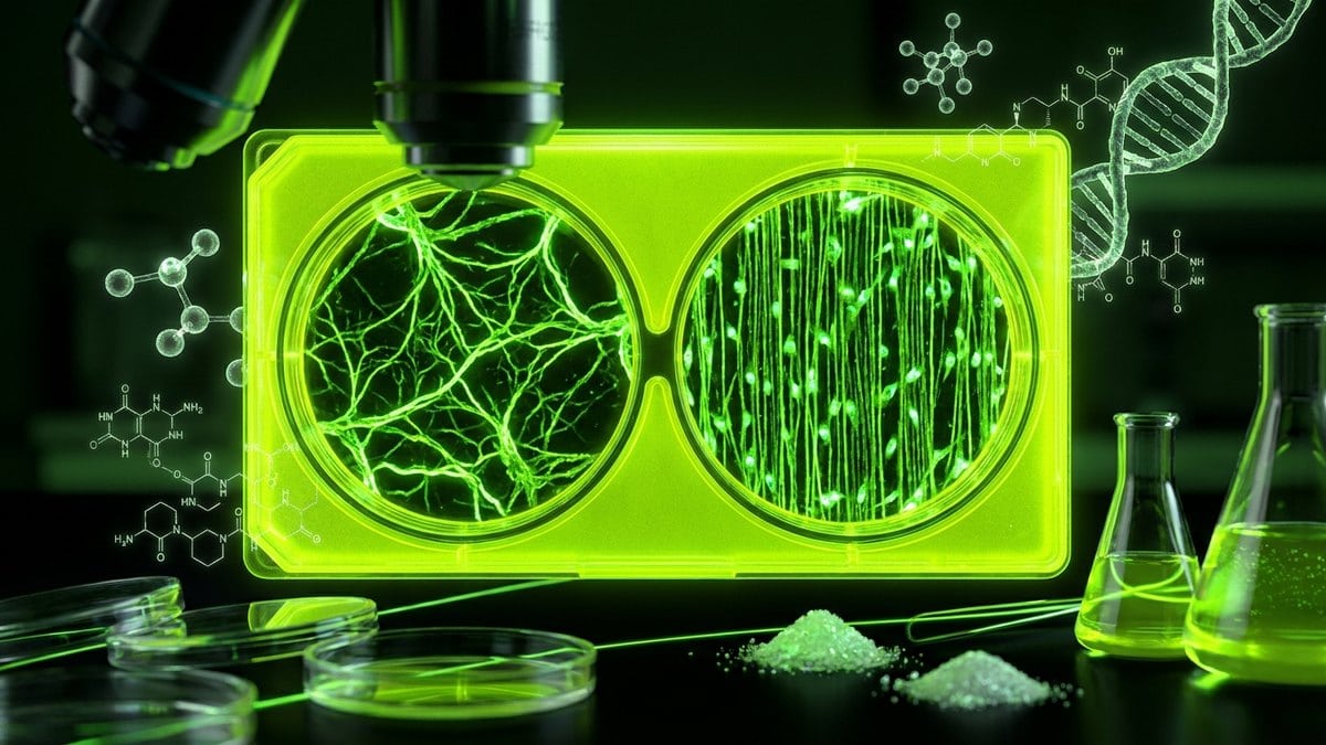 A dual-chambered assay showing a branching vascular network on one side and aligned collagen fibers on the other.