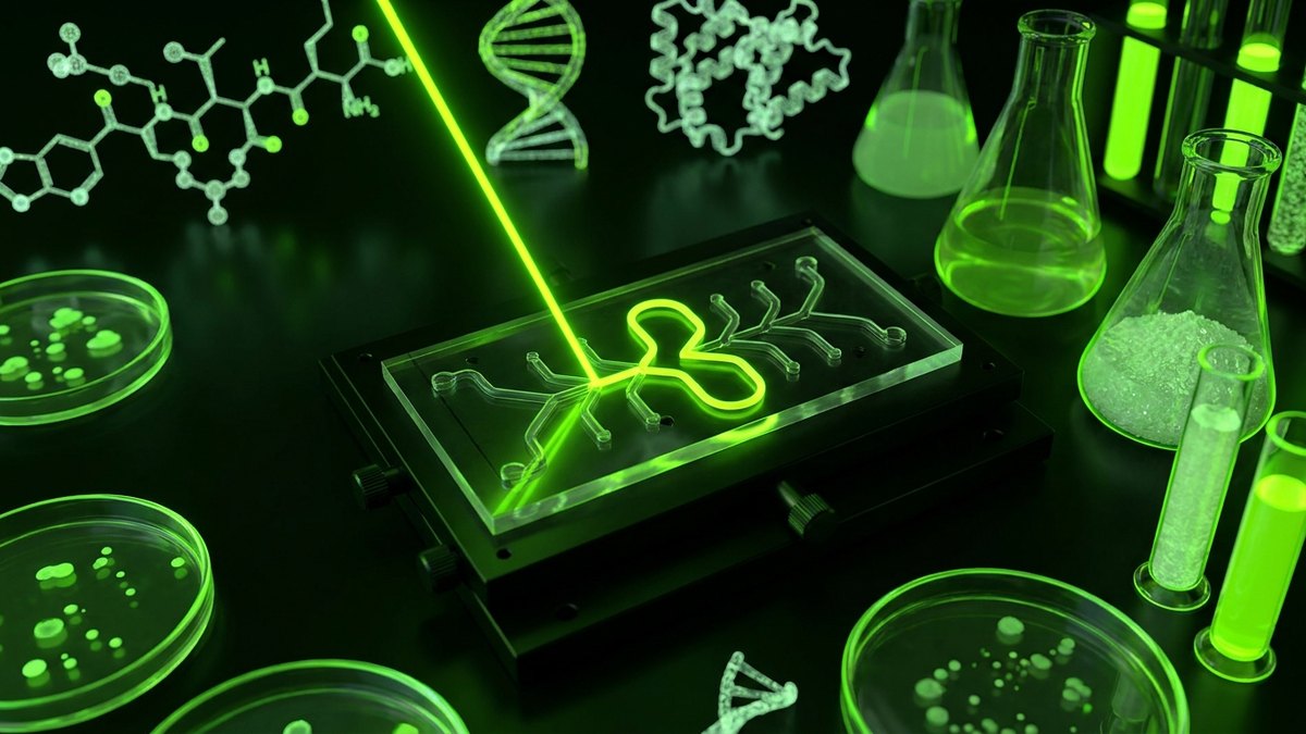 A laser beam precisely illuminating one capillary channel in a complex glass microfluidic testing chip.