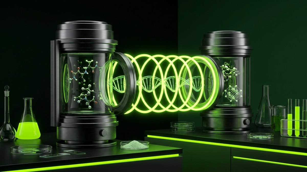 Concentric rings of light connecting two identical molecular analysis chambers to show global data equivalence.