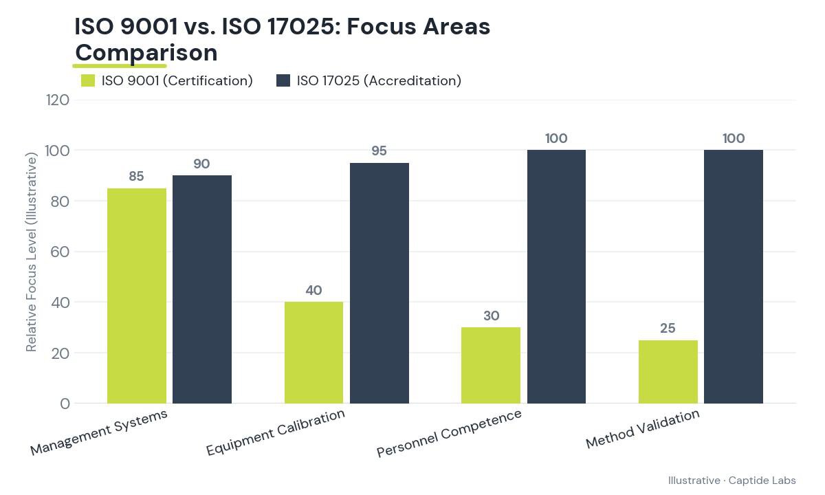 Grouped bar chart comparing relative focus levels of ISO 9001 and ISO 17025 across management systems, equipment calibration, personnel competence, and analytical validation.