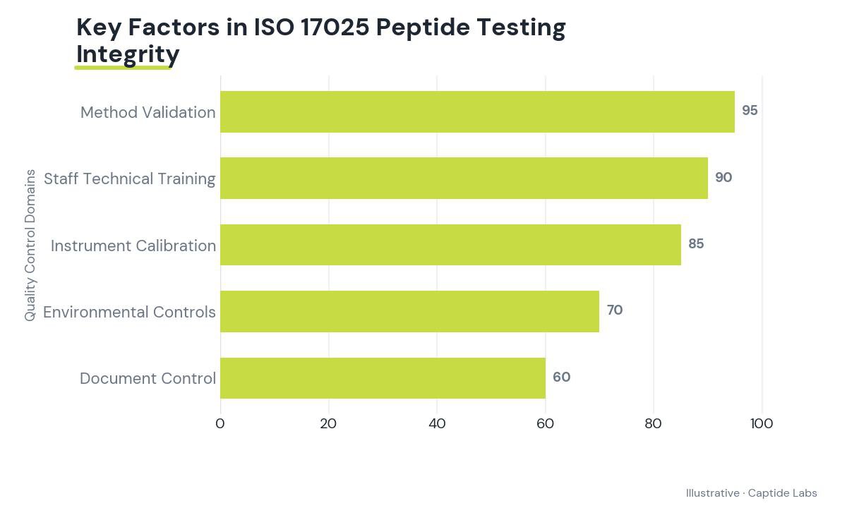 Horizontal bar chart demonstrating the relative weight of method validation, staff training, instrument calibration, environmental controls, and document control on analytical integrity.
