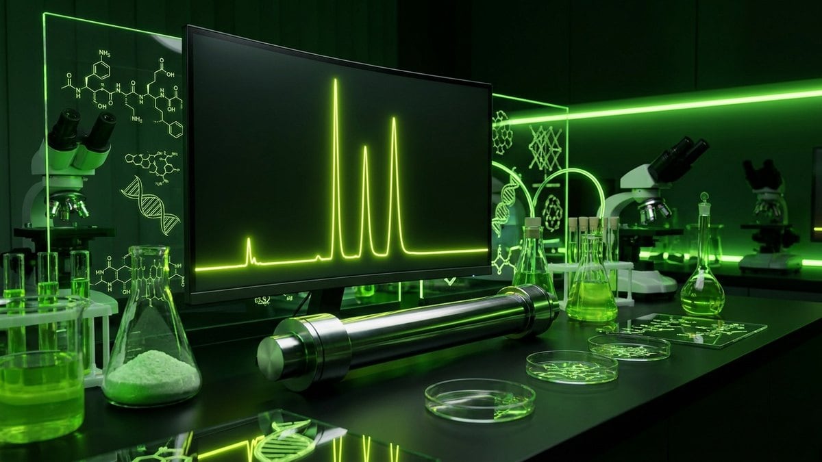 An unlabelled chromatogram graph on a dark monitor screen showing three distinct, sharp peaks.