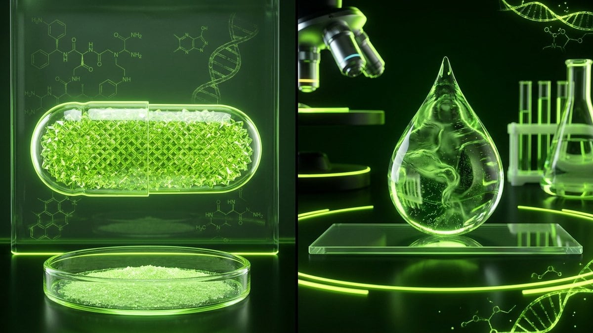 A halved translucent capsule filled with uniform micro-crystals next to a fluid droplet on a glass slide.