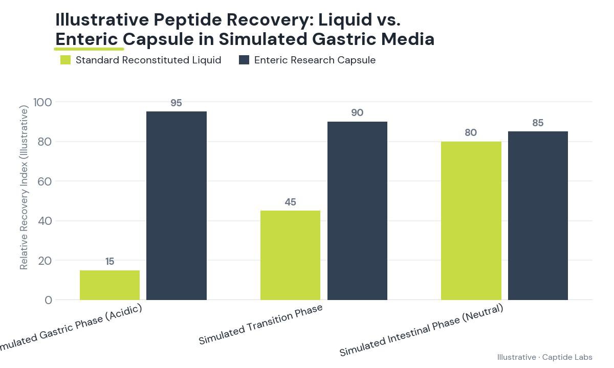 Grouped bar chart illustrating simulated peptide recovery levels of standard liquid versus enteric capsule formats across three pH conditions.