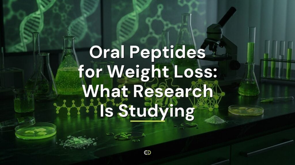 Glowing metabolic research peptide molecular structures across a laboratory bench