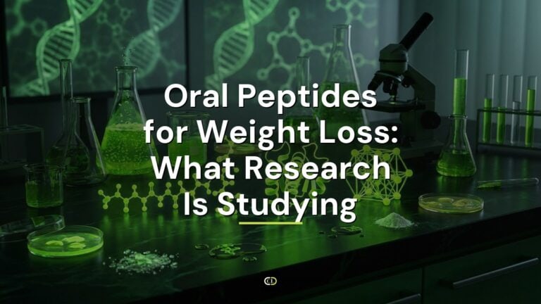 Glowing metabolic research peptide molecular structures across a laboratory bench