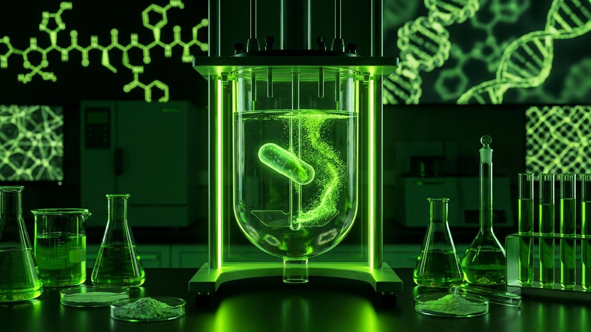 A dissolving research capsule inside a glass USP dissolution vessel with a rotating paddle.