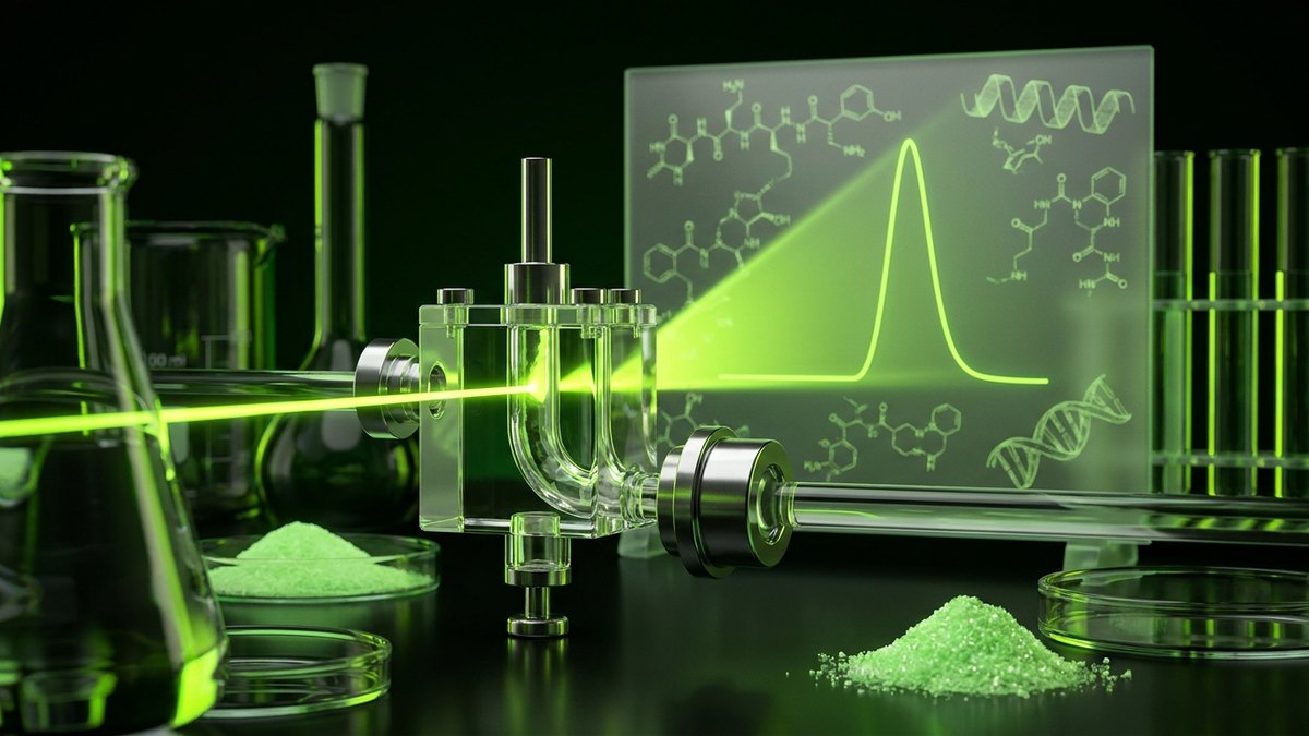 Clean, single-peak refractive light wave passing through an HPLC quartz flow cell during peptide analysis.