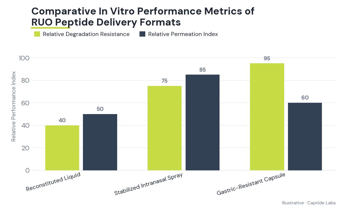 Grouped bar chart comparing relative degradation resistance and permeation indexes of traditional liquid, spray, and capsule formats in arbitrary units.
