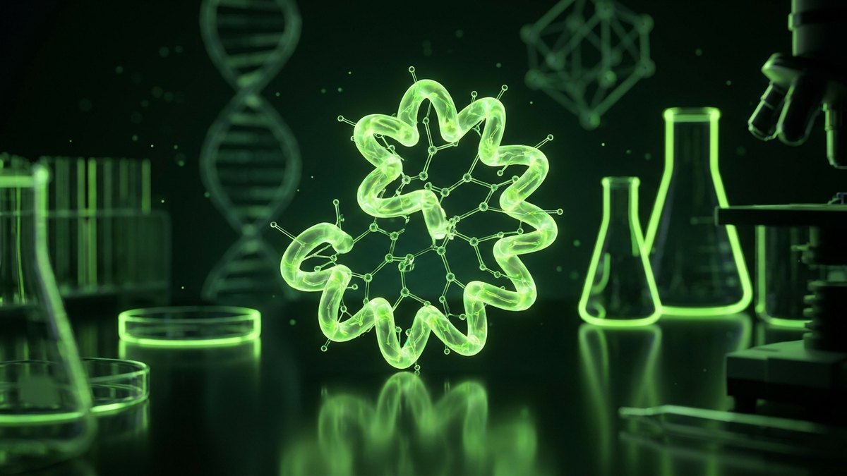A detailed molecular structure model of a low molecular weight peptide chain on a laboratory bench.