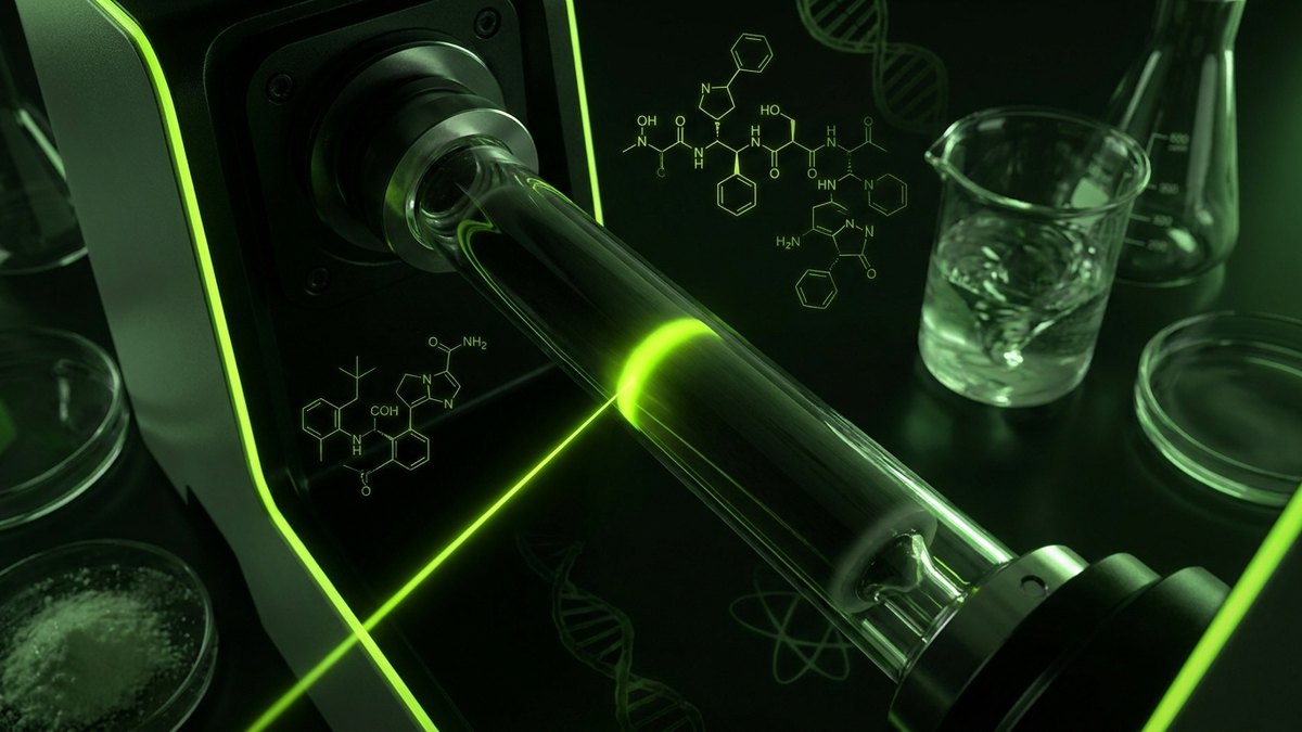 Close-up of a scientific chromatography column with a single distinct band separating in a laboratory setting.